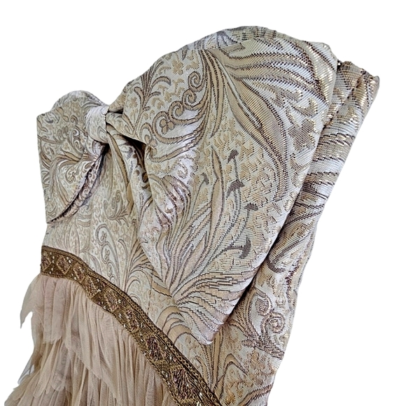 Inspire Me Strapless Taupe/Gold Tapestry Bow/Tiered Mesh Ruffle Party Dr… - Picture 8 of 17